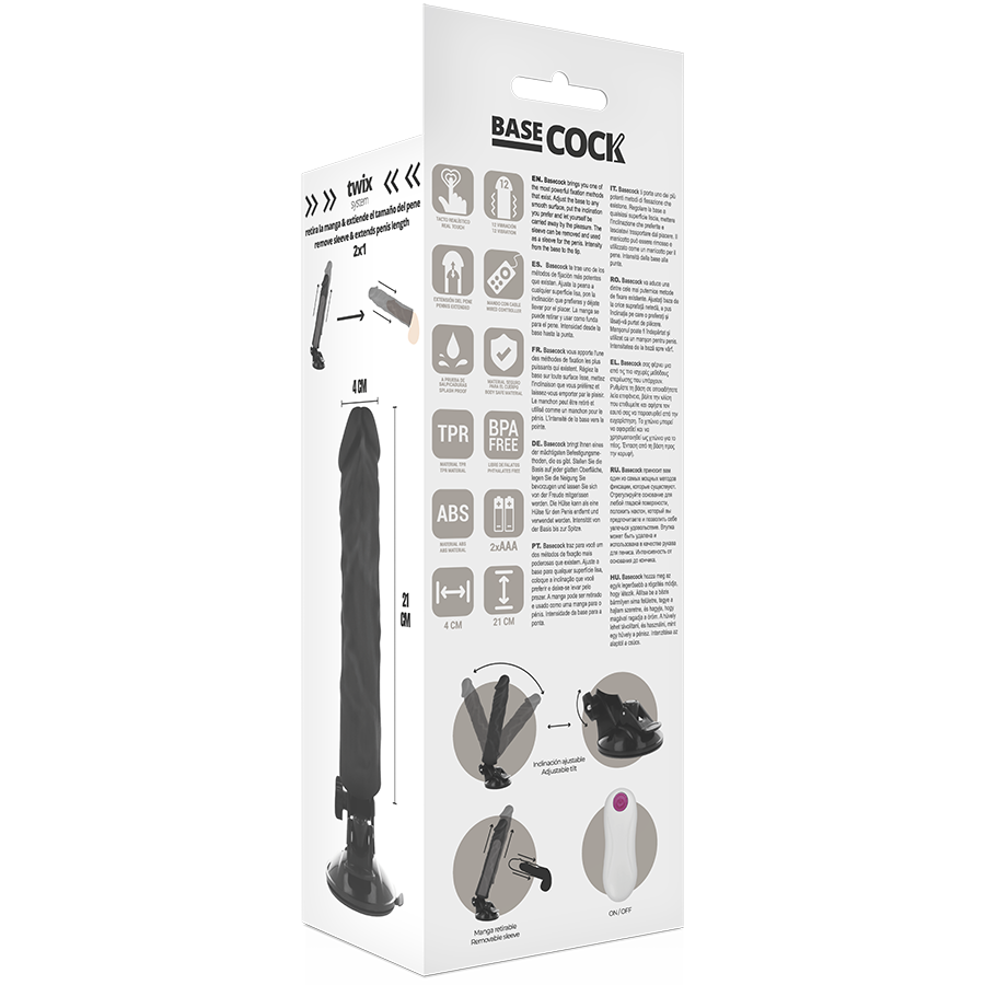 BASECOCK - VIBRADOR REALÍSTICO CONTROLE REMOTO  PRETO 21 CM