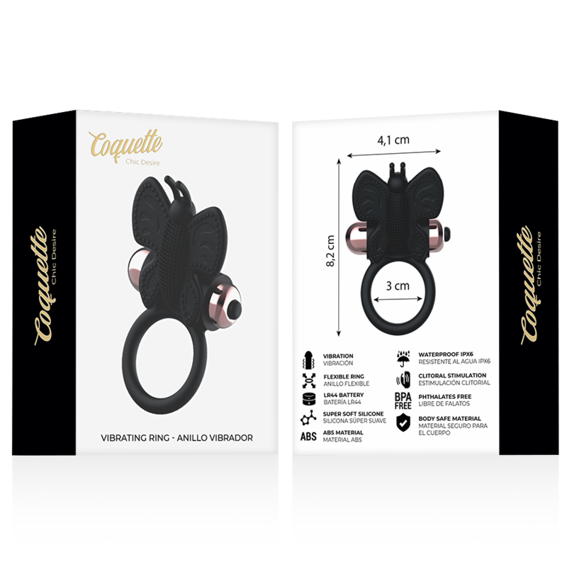 COQUETTE TOYS - ANEL BORBOLETA COM VIBRADOR PRETO/ OURO