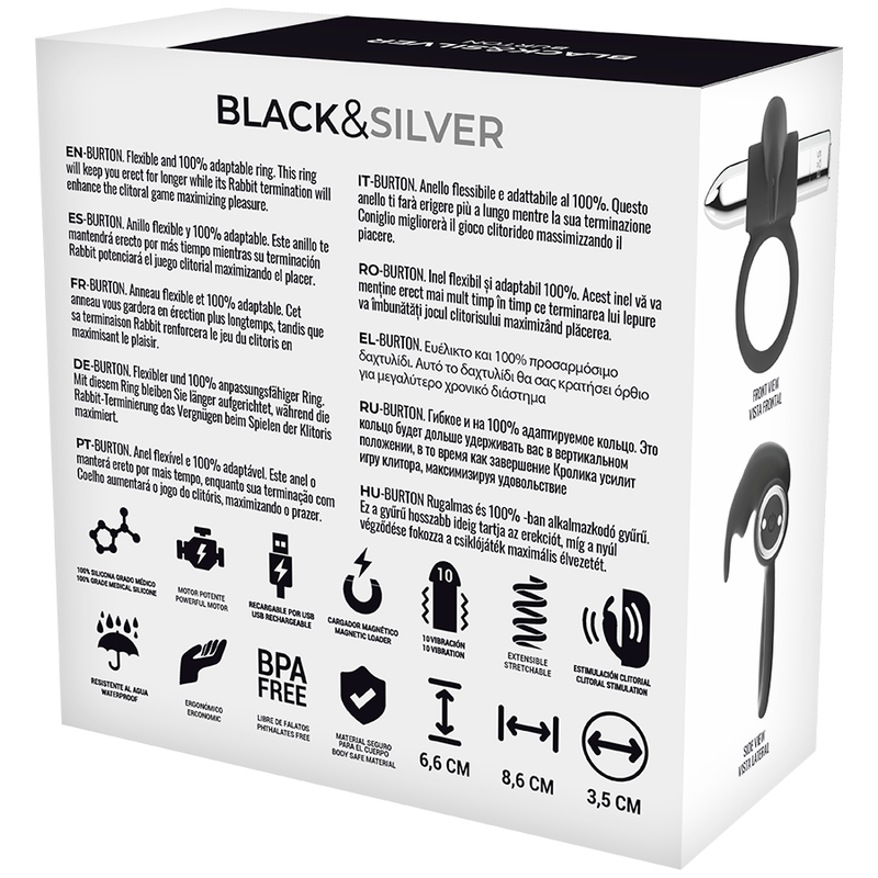 BLACK&SILVER - ANEL VIBRADOR RECARREGÁVEL BURTON 10V