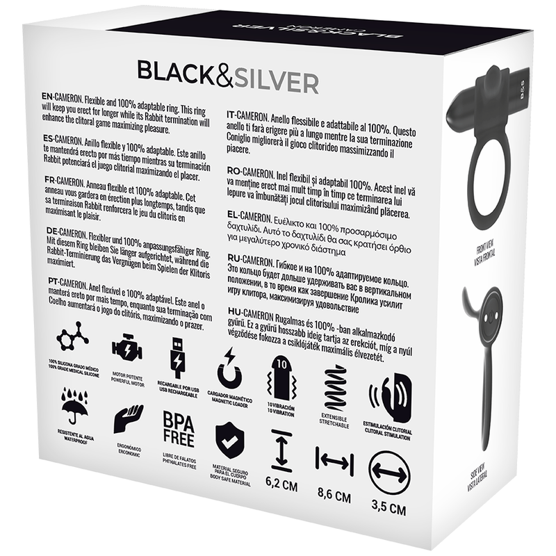 BLACK&SILVER - ANEL VIBRADOR RECARREGÁVEL CAMERON PRETO