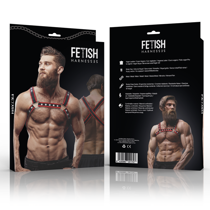 FETISH SUBMISSIVE ATTITUDE - ARNÊS DE PEITO BULLDOG ECO COURO PRETO/VERMELHO HOMEM