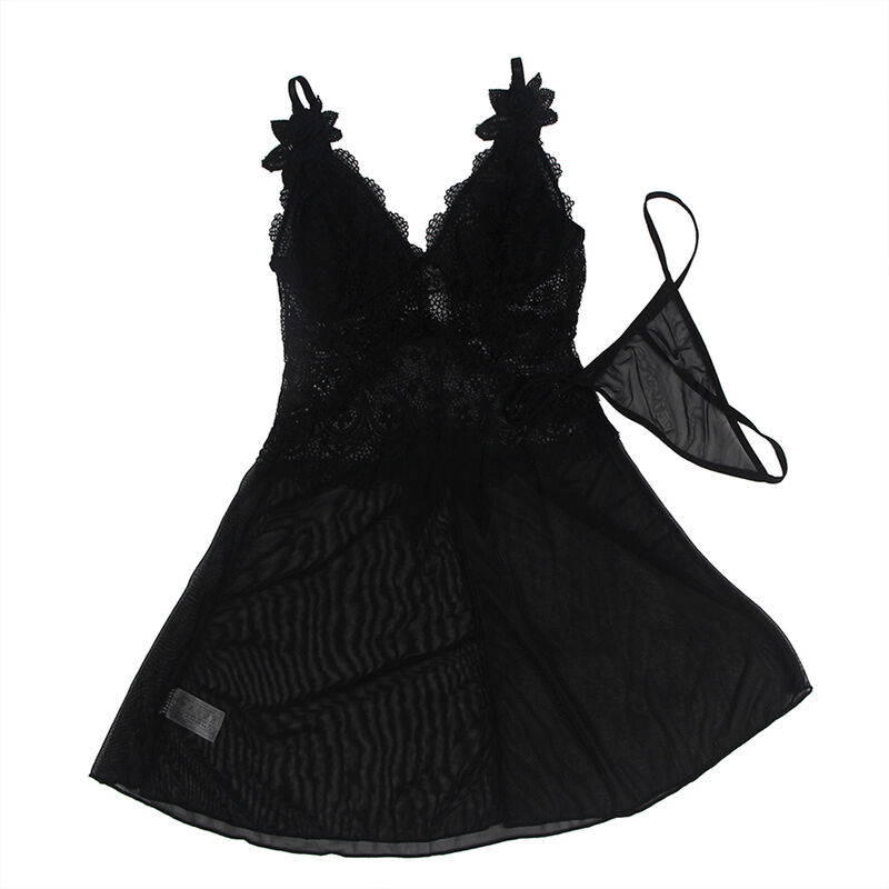 SUBBLIME - BABYDOLL TECIDO DE TULE COM DETALHE RENDA E FLOR PRETO L/XL