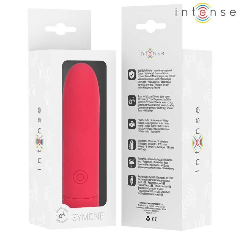 INTENSE - SYMONE USB RECARREGÃVEL VIBRATÃRIA BULLET 8 VIBRAÃÃES VERMELHO 10 X 2,2 CM