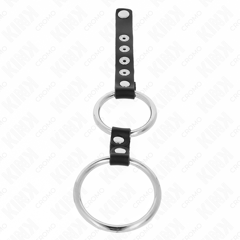 KINK - ANEL DE PÃNIS DUPLO DE METAL DE 3,8 CM A 5 CM CONECTADO COM COURO