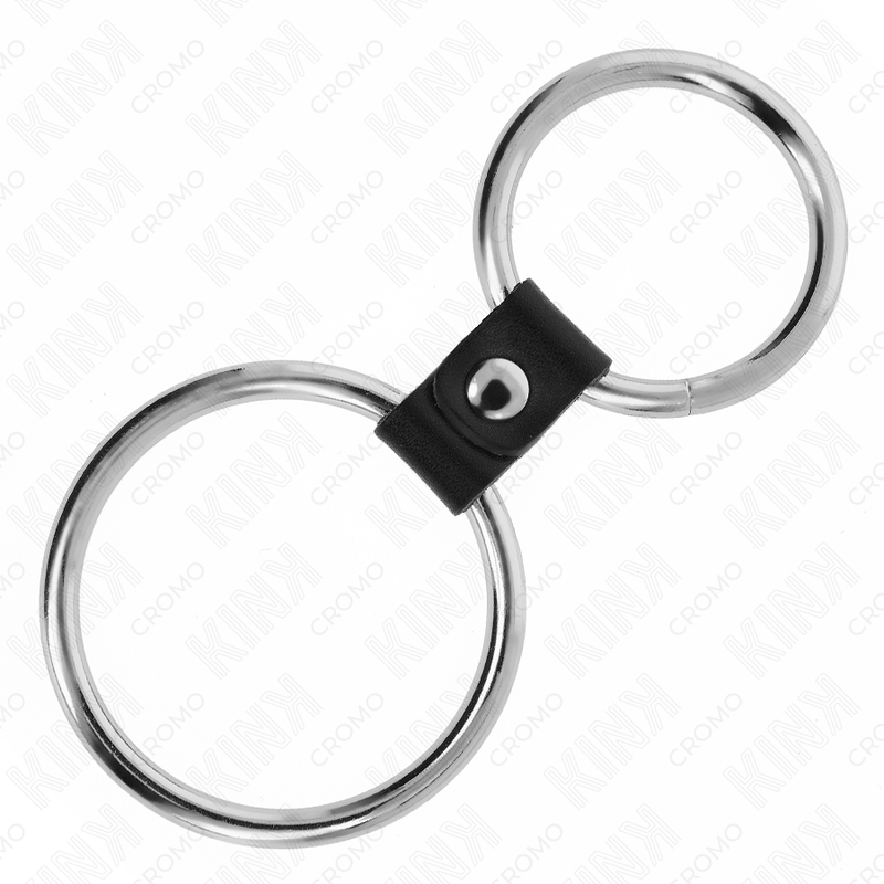 KINK - ANEL DE PÃNIS DUPLO DE METAL 3,7 CM A 5 CM CONECTADO POR TIRA DE COURO MODELO 3