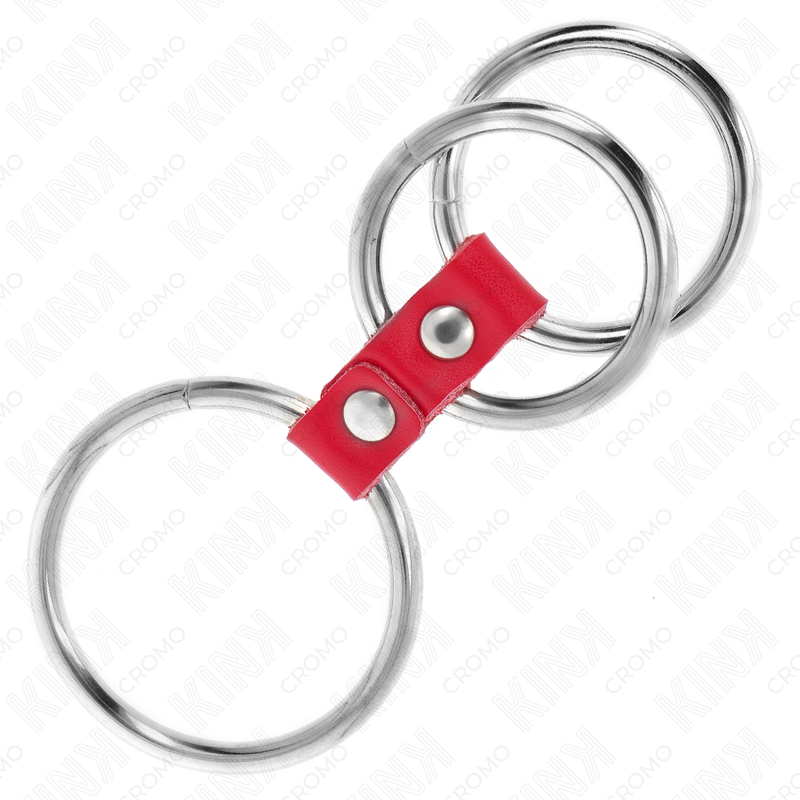 KINK - ANEL DE PÃNIS TRIPLO DE METAL DE 3,7 CM A 5 CM CONECTADO COM COURO VERMELHO