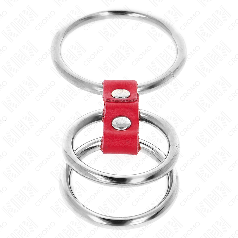 KINK - ANEL DE PÃNIS TRIPLO DE METAL DE 3,7 CM A 5 CM CONECTADO COM COURO VERMELHO