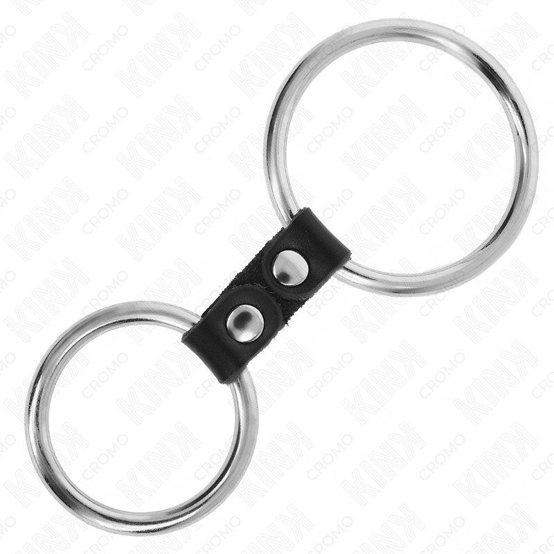 KINK - ANEL DE PÃNIS DUPLO DE METAL 3,7 CM A 5 CM CONECTADO POR TIRA DE COURO MODELO 4