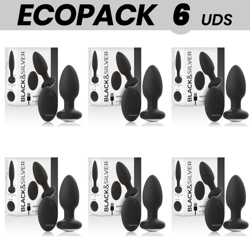 ECOPACK 6 UNIDADES - PLUG ANAL BLACK&SILVER WELLS CONTROLE REMOTO DE SILICONE