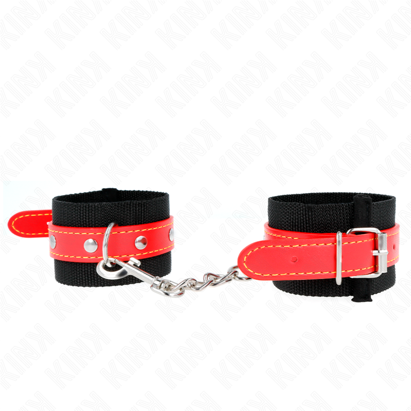 KINK - PUNHOS DE NYLON PRETO COM COURO VERMELHO AJUSTÃVEIS 19-24 CM X 5,5 CM