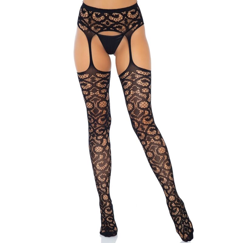 LEG AVENUE - SCROLL LACE GARTER BELT MEIAS TAMANHO ÚNICO